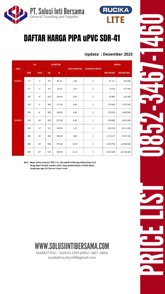 Harga Pipa Limbah SDR-41 Rucika Lite 2024 Distributor Price List