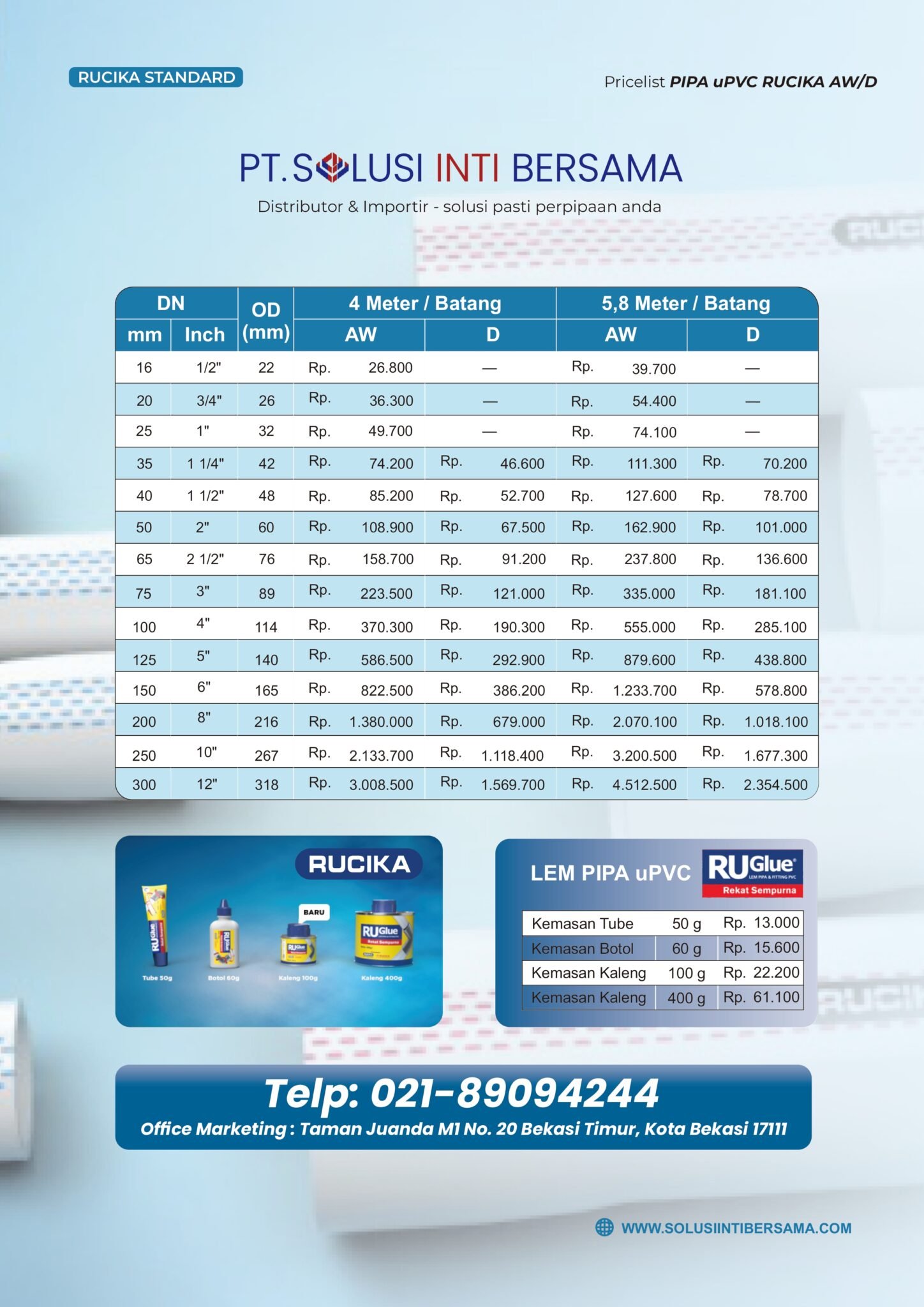 DAFTAR HARGA PIPA PVC STANDARD ISO AW D 2024 PT SOLUSI INTI BERSAMA